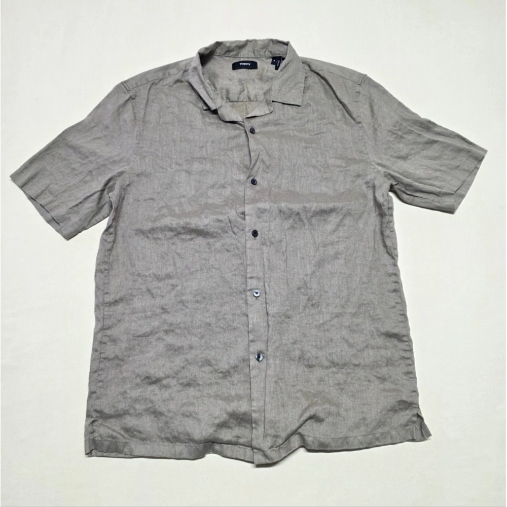 Theory Men Short Sleeve Button Up Knit Shirt Taupe Size Medium Reg Fit